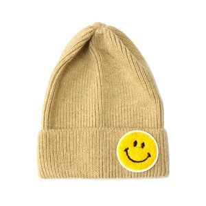 Beige Chenille Patch Smiley/Happy Face Knitted Beanie